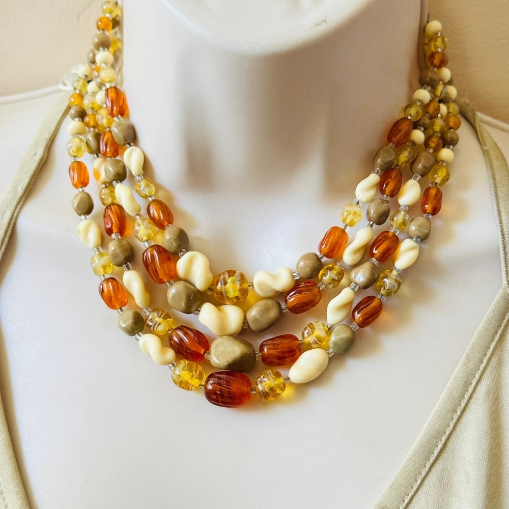 Japan BIb Layered Necklace VTG Yellow Glass Uranium Multi Beaded 4 Strand 15"